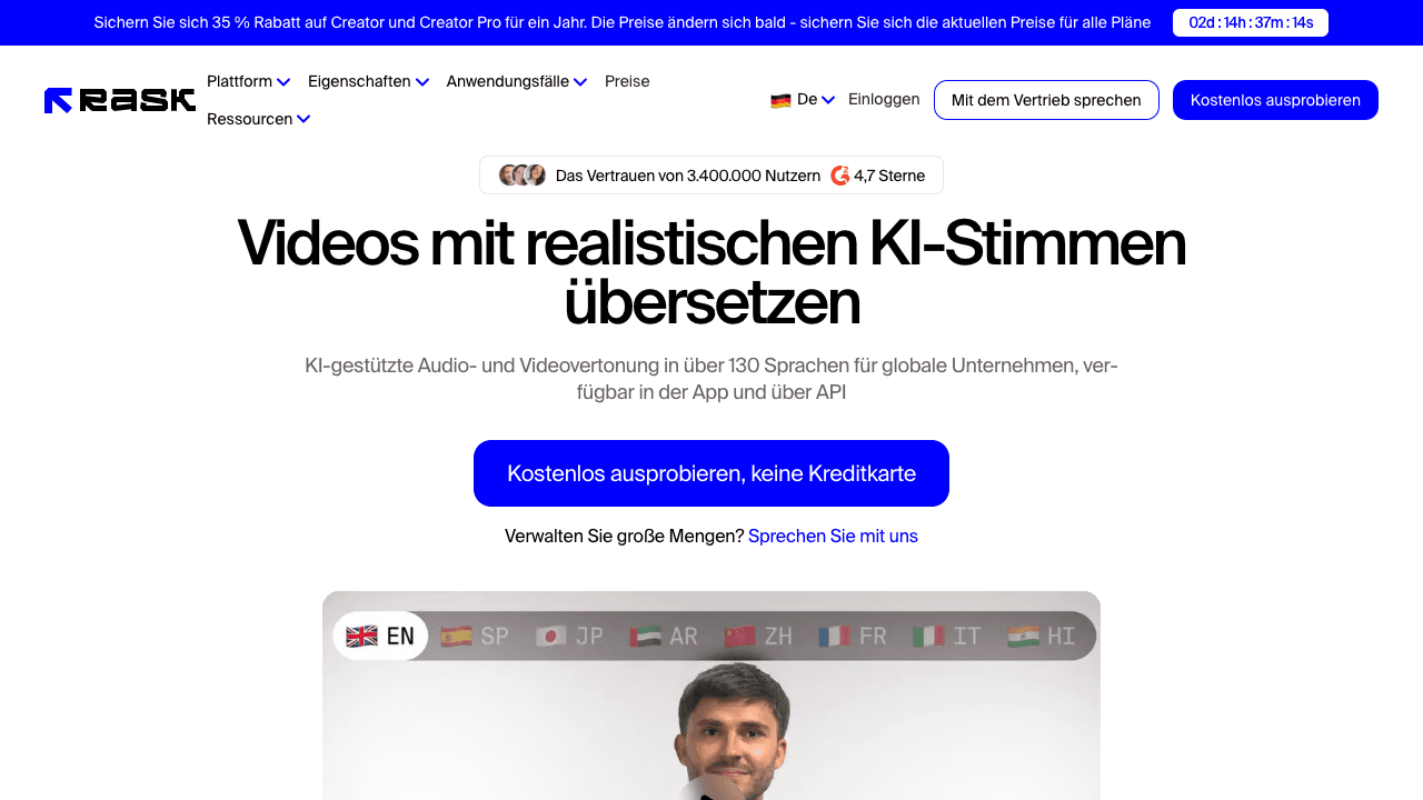 Rask AI Plattform-Oberfläche mit Video-Lokalisierungs-Workflow, Transkription, Übersetzung und 130+ Sprach-Dubbing-Optionen — Screenshot März 2026