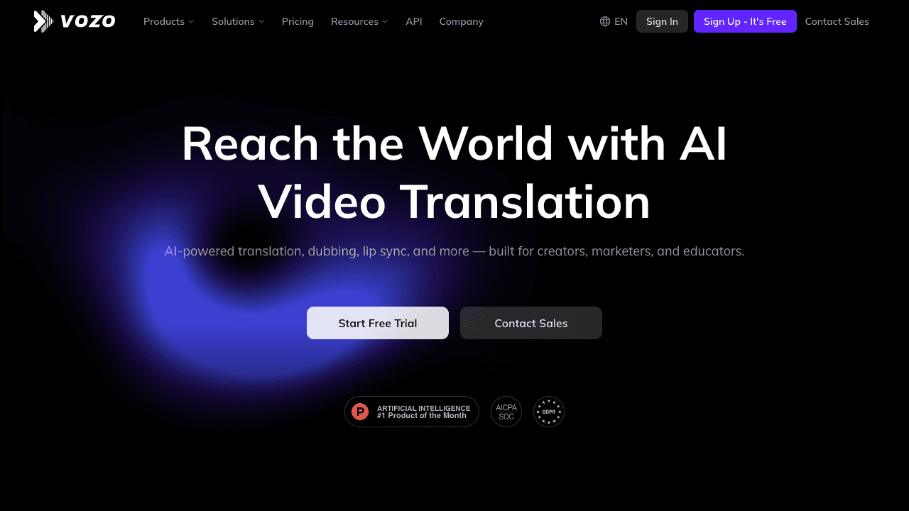 Vozo Plattform mit Video-Dubbing-Oberfläche, LipREAL-Technologie, Sprachauswahl und Content-Repurposing-Optionen — Screenshot März 2026