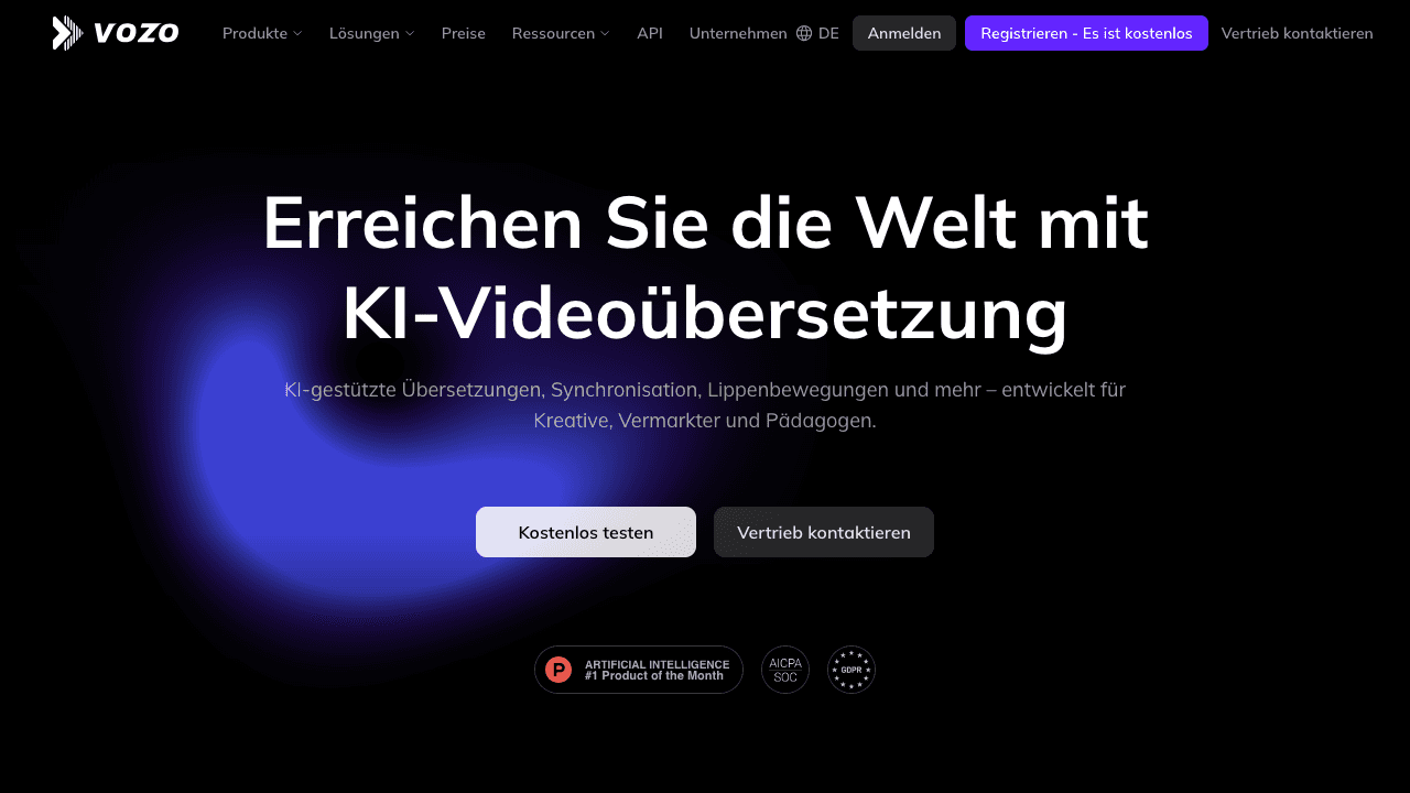 Vozo platform showing video dubbing interface with LipREAL technology, language selection, and content repurposing options — screenshot March 2026
